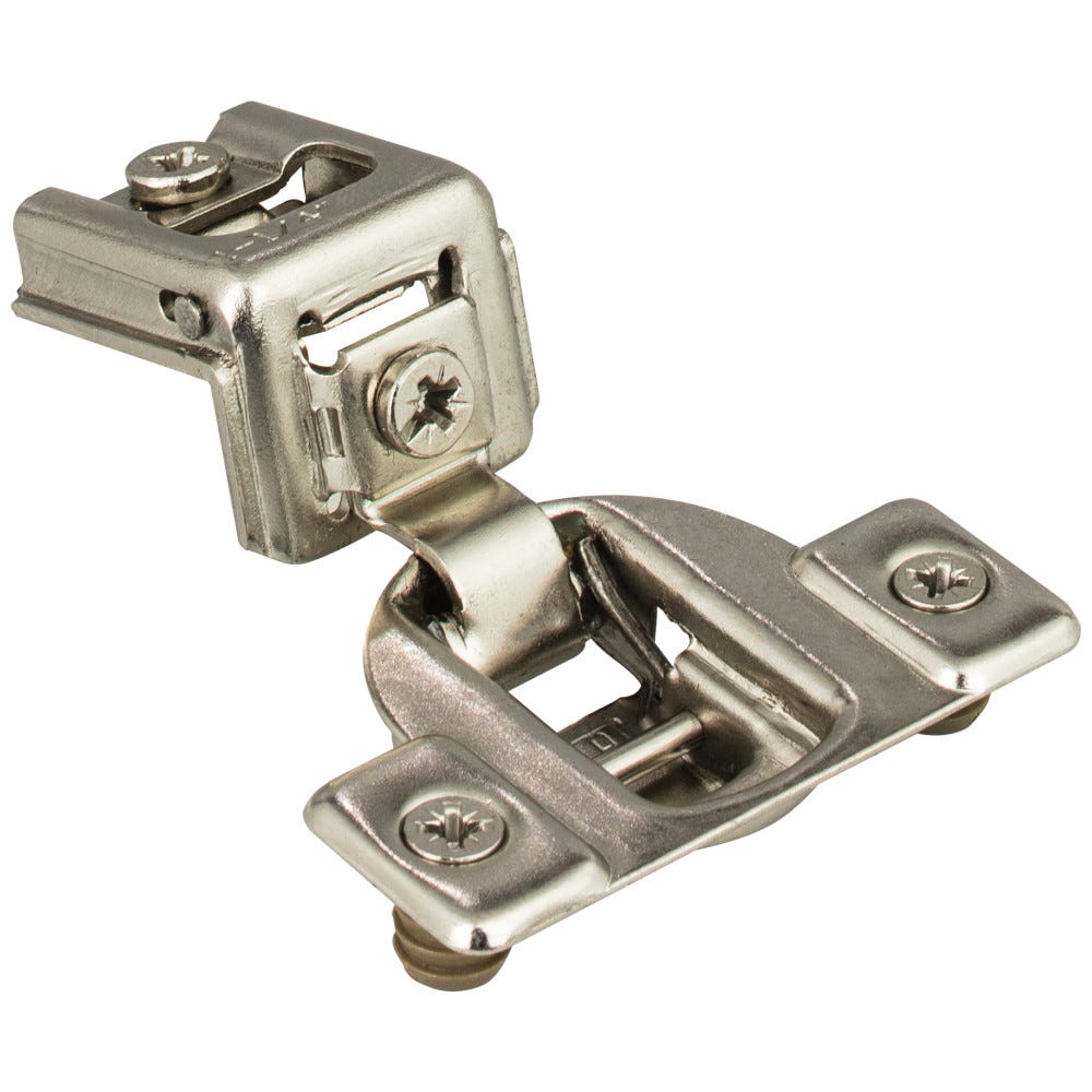 Economical 2-Cleat 1-1/4" Overlay Self-Close Cam Adjustable Face Frame Compact Hinge with 8 mm Dowels in silver finish