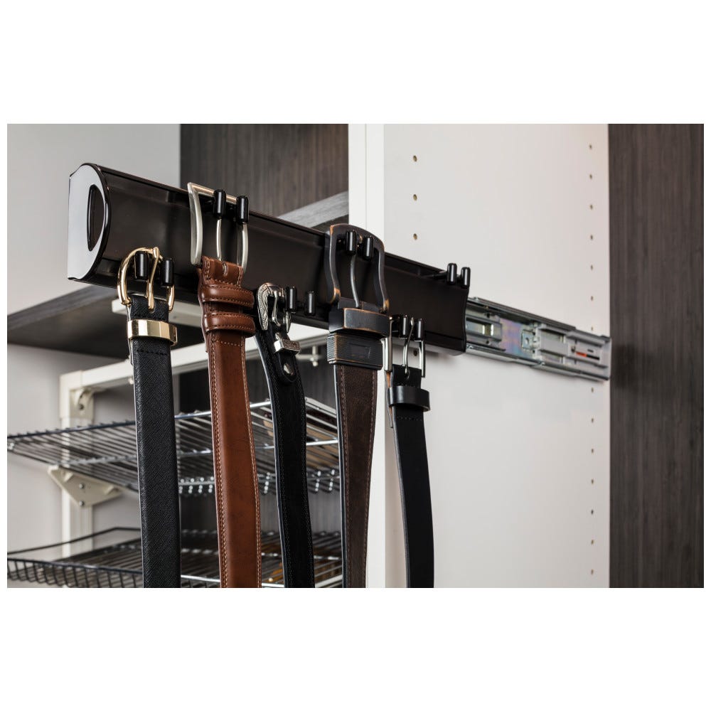 Dark Bronze 14" Belt Rack with six double hooks, designed for easy installation and stylish belt organization