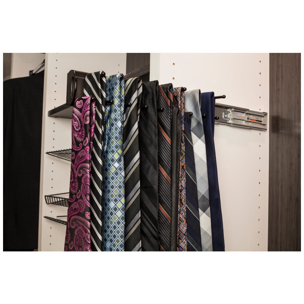 Dark Bronze 14" Tie Rack with 12 hooks for organizing ties and scarves, made of durable metal