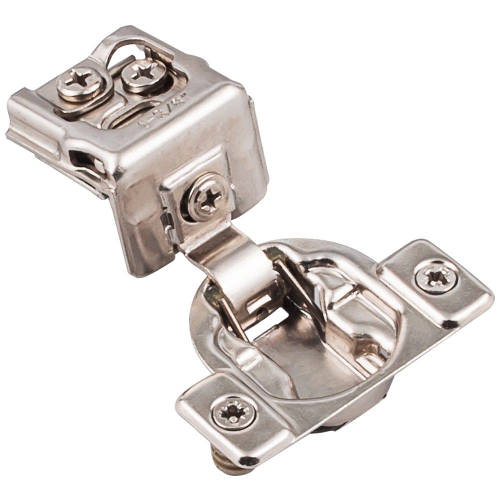 Standard Duty 1-3/8" Overlay Self-Close Compact Hinge in polished finish, made of sturdy metal for durable cabinet applications.