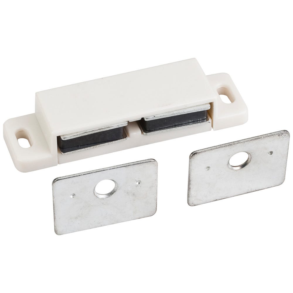 Double Magnetic Catch in White/Zinc with strike and screws, functional hardware for cabinetry