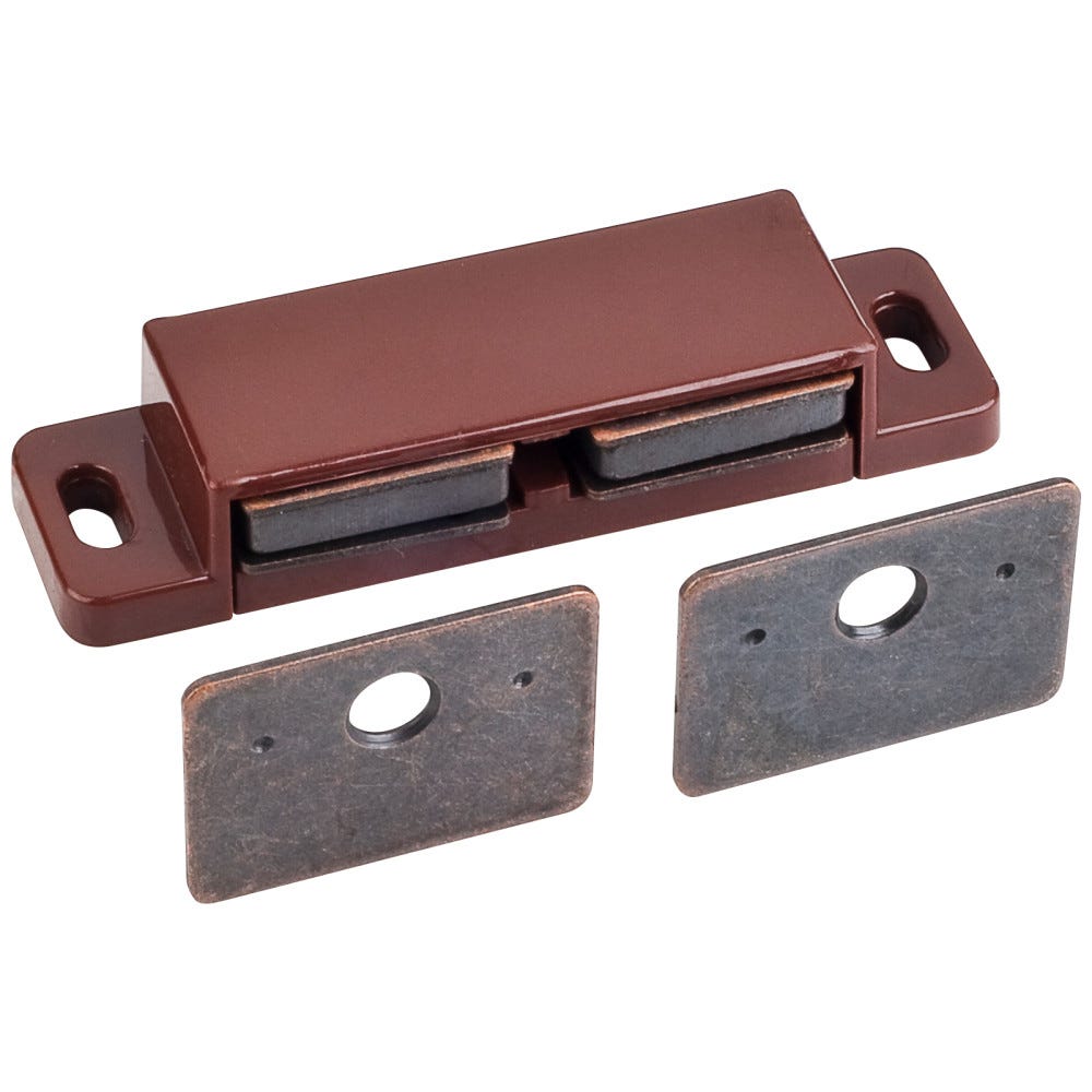 Double Magnetic Catch Kit in brown finish with bronze strikes, includes 2 bronze strike plates and necessary bronze screws, functional hardware