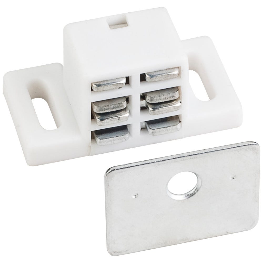25# Magnetic Catch in white and zinc finish with strike and screws, functional hardware set for cabinet closure