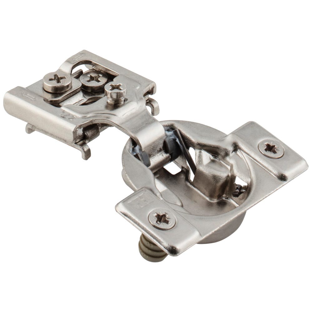 Dura-Close® 1/2" Overlay Self-Close Compact Hinge in silver finish, designed for modern cabinetry, featuring durable construction with dowels.