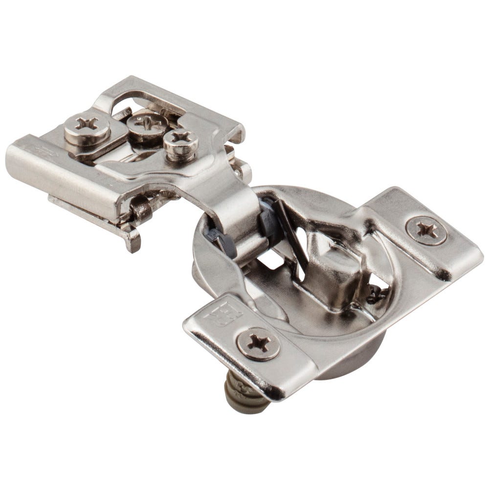 Dura-Close® 2 Cleat 1/2" Overlay Compact Hinge with Dowels in silver finish, compact size, durable material