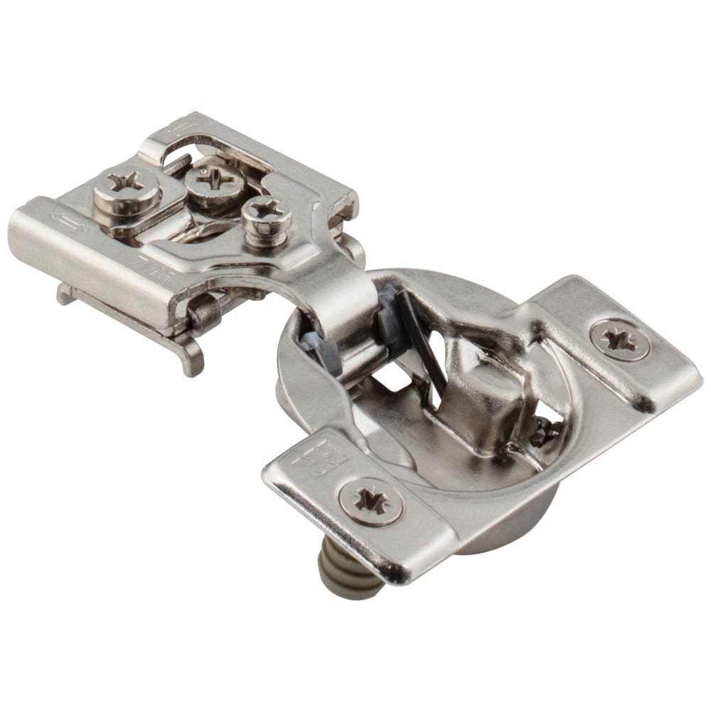 Dura-Close® 7/16" Overlay Self-Close Compact Hinge in polished finish, designed for seamless cabinetry integration, durable material.