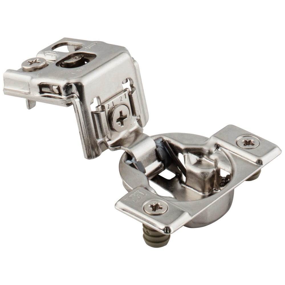 Dura-Close® 1-3/8" Overlay Self-Close Compact Hinge in a sleek finish, designed for cabinetry with dowels included