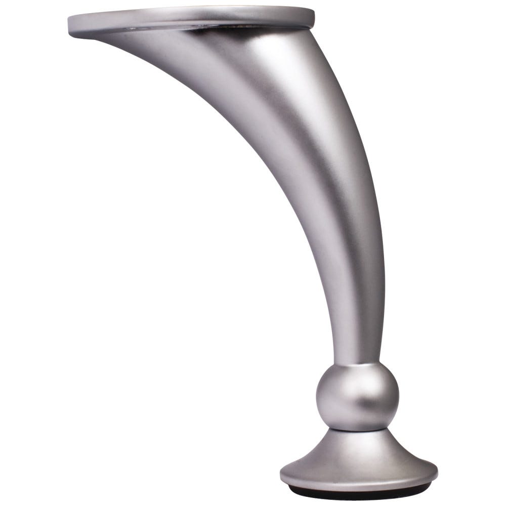 Rounded Furniture Leg in Dull Chrome finish, height 4-1/2" to 4-5/8", with rubber bumper and curved frame, perfect for modern furniture