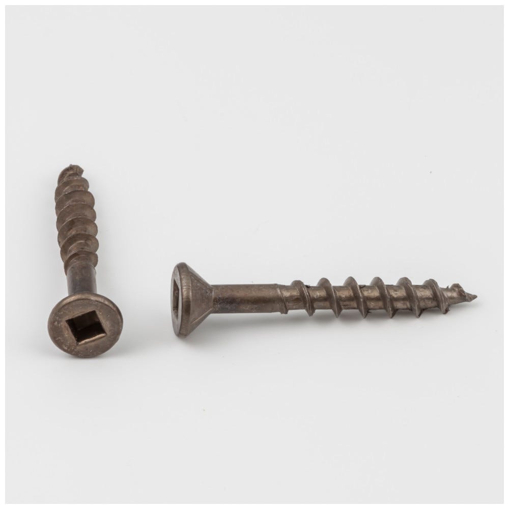 #8 x 1-1/4" Flathead With Nibs Type 17 Square Drive screws, clean brown wax finish, coarse thread, sold in keg buckets or boxes of 2,000 pieces