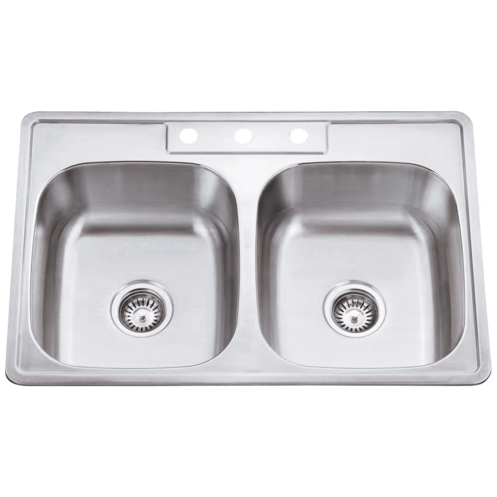 Stainless Steel 20-Gauge Drop In Kitchen Sink with two equal bowls, 33x22 inches, durable stainless steel material