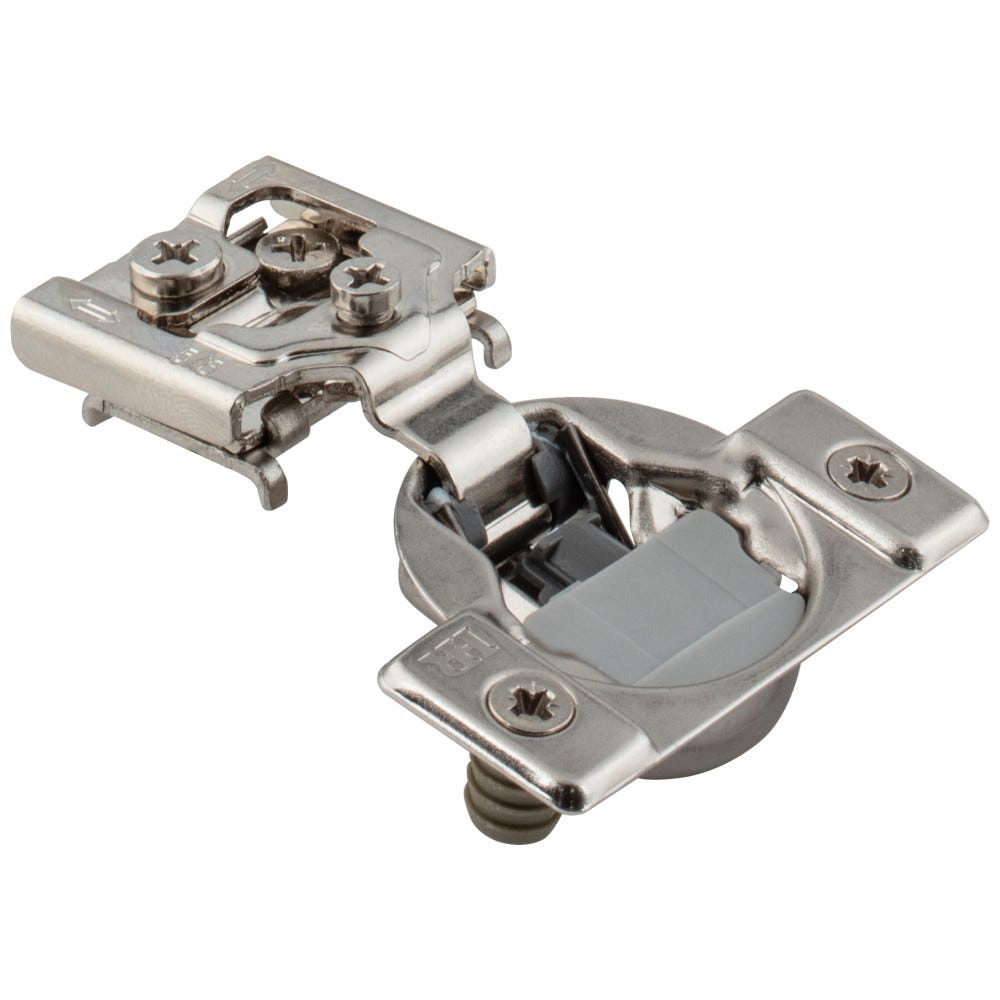 Dura-Close® 5/8" Overlay Soft-Close Compact Hinge in brushed nickel finish with dowels, functional hardware for cabinetry