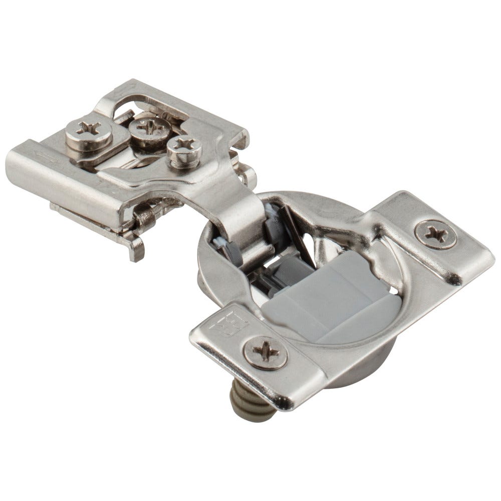Dura-Close® 2 Cleat 1/2" Overlay Compact Soft-Close Hinge in sleek silver finish, designed for easy installation with dowels
