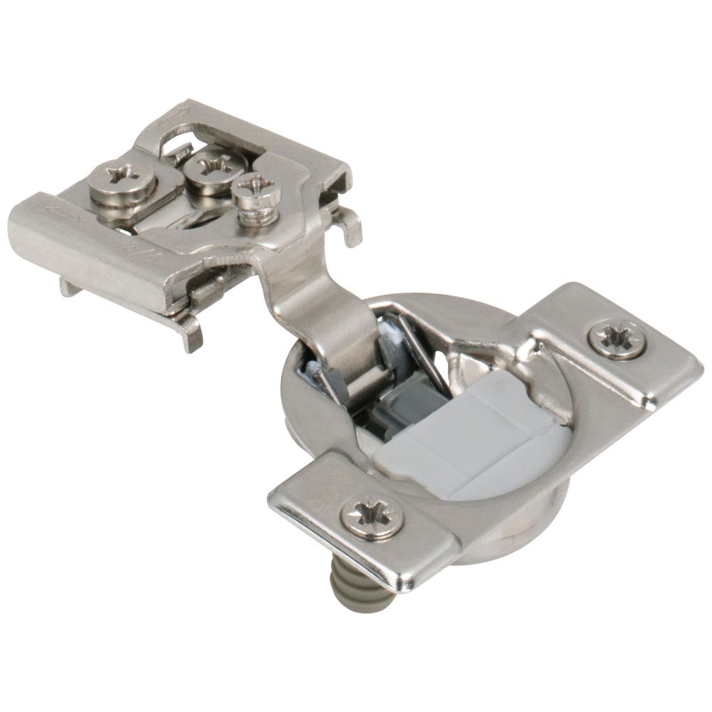 Dura-Close® 3/4" Overlay Soft-Close Compact Hinge in sleek finish, designed for modern cabinetry, featuring dowels for easy installation.