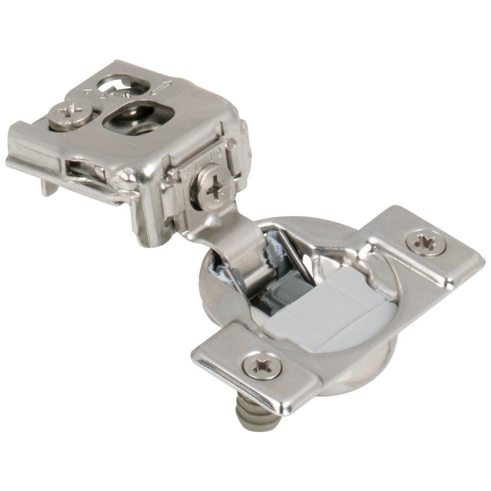 Dura-Close® 1" Overlay Soft-Close Compact Hinge in silver finish, compact design with dowels, functional hardware for cabinetry
