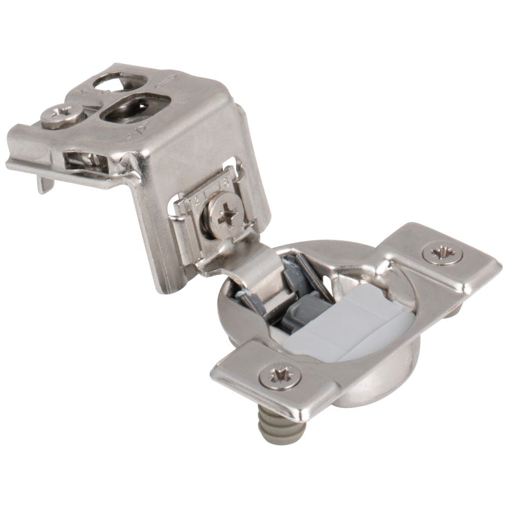 Dura-Close® 1-1/2" Overlay Soft-Close Compact Hinge in silver finish, designed for seamless cabinet operation, made of durable metal.