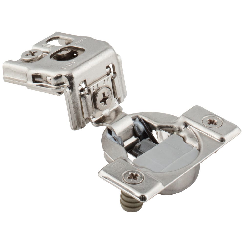 Dura-Close® 2 Cleat 1-1/4" Overlay Compact Soft-Close Hinge in chrome finish, designed for smooth cabinet door operation