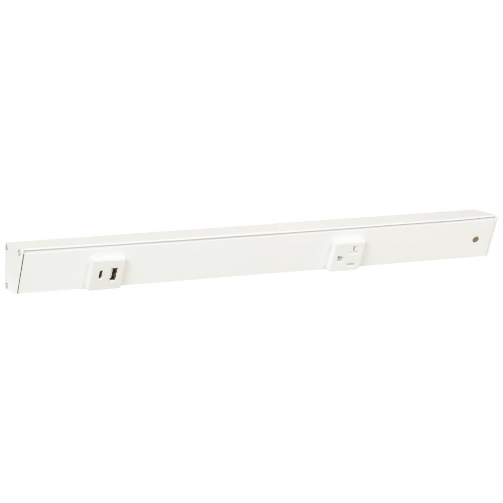 18" Apt receptacle with white powder finish, featuring 20A receptacle and USB-Ac port, designed for modern spaces