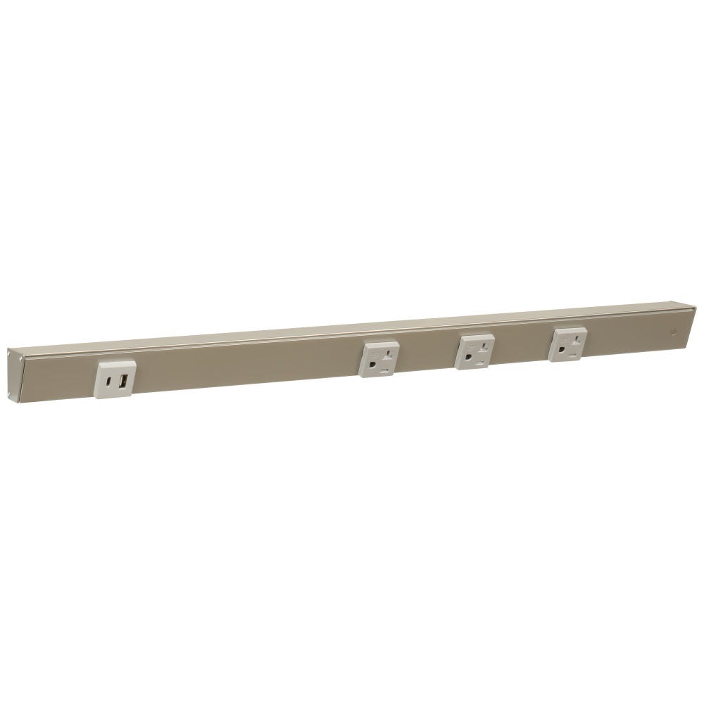 24 inch satin nickel powder finish 20A receptacle with USB-Ac left and wire entry right, grey single receptacle