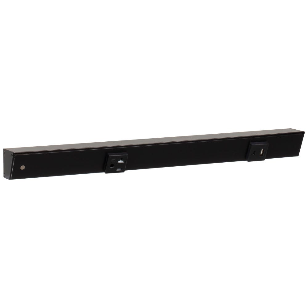18 inch black powder finish receptacle with USB-Ac port and wire entry left, single black receptacle