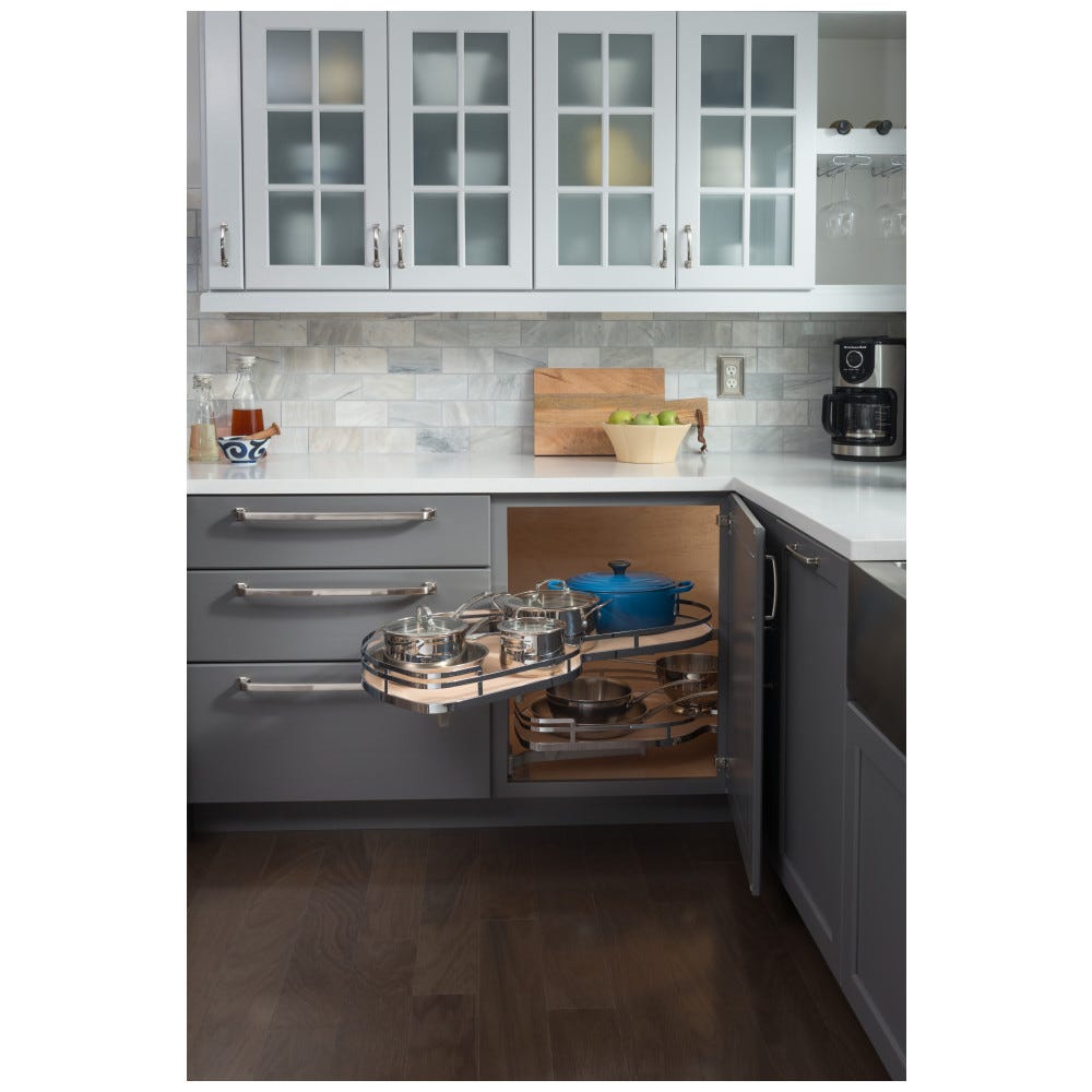 15" Blind Corner Swing Out Right Handed Unit with white laminated non-slip shelves and chrome edging