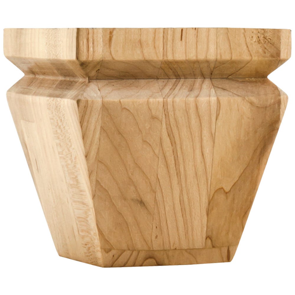 4" Square x 4" Tall Tapered Bun Foot with "V" Groove in natural wood finish