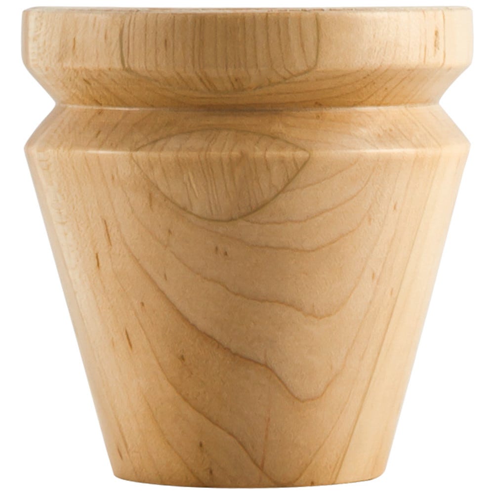 4" Round Tapered Bun Foot with V Groove in natural wood finish, 4" tall, carved wood material