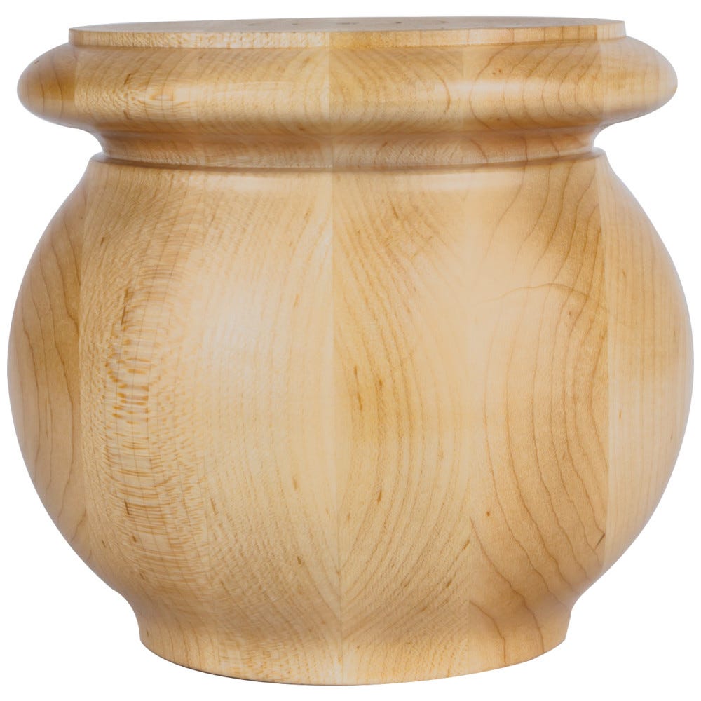 5" Round Turned Pot Belly Bun Foot in Alder, Rubberwood, Hard Maple, White Birch, and Cherry finishes, carved wood material