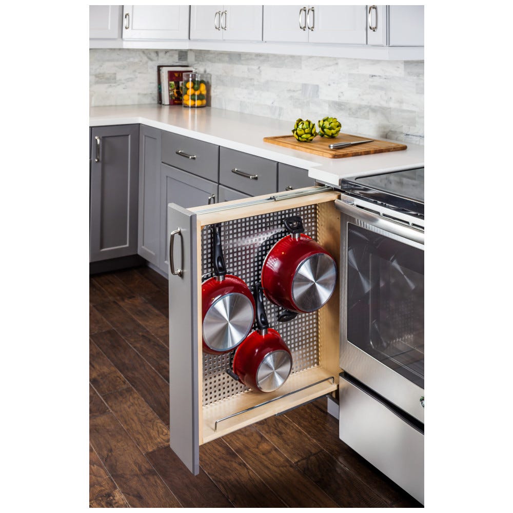 6 inch Base Cabinet Filler with Stainless Steel Peg-Board Insert and Soft-Close Drawer Slides