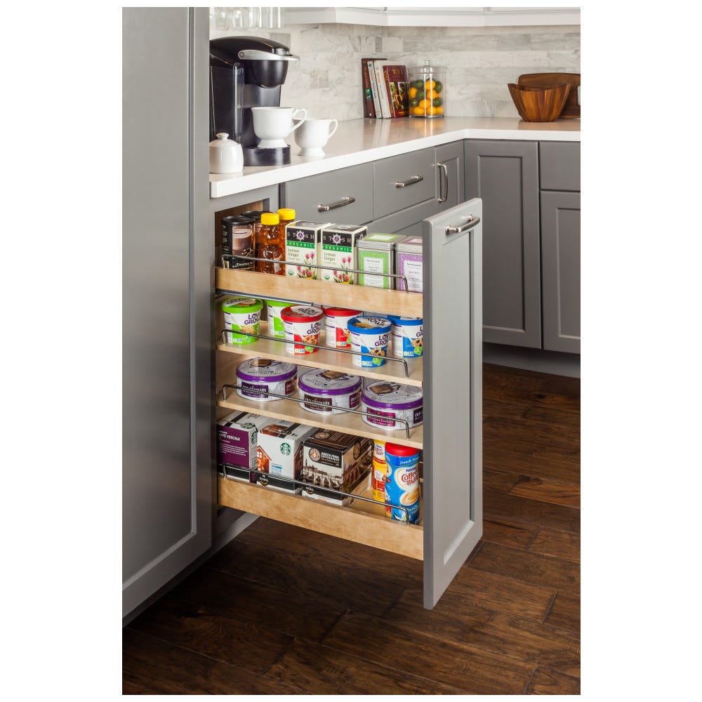 No Wiggle 14" Base Cabinet Pullout in white finish, wood material, designed for stable kitchen organization