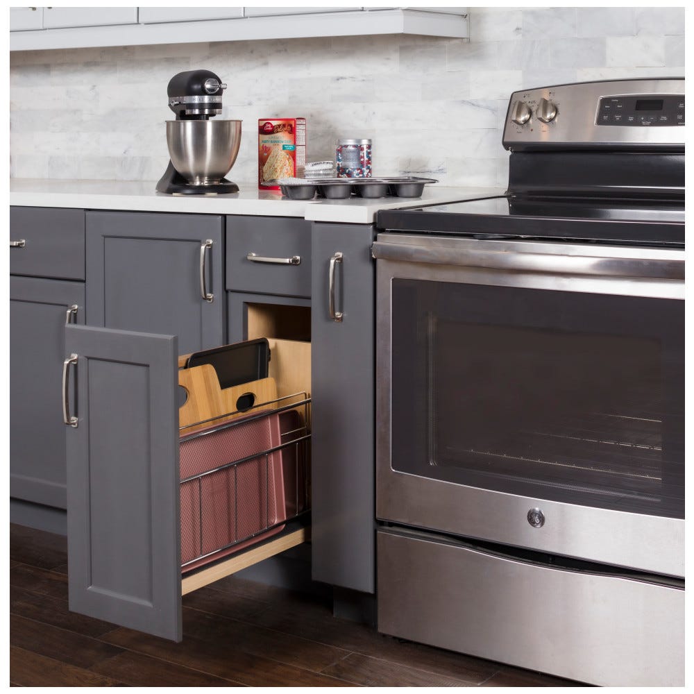 8" No Wiggle Pullout with Built-In Tray Divider in sleek finish, perfect for kitchen organization