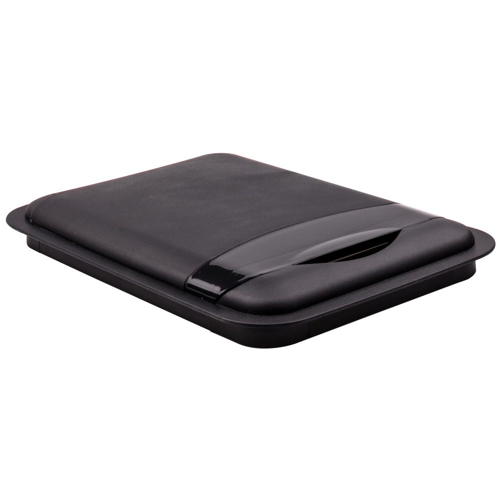 Lid for 50 Quart Plastic Waste Container in black color, dimensions 10-1/4" x 14-5/8" x 1-5/8", made from durable plastic.