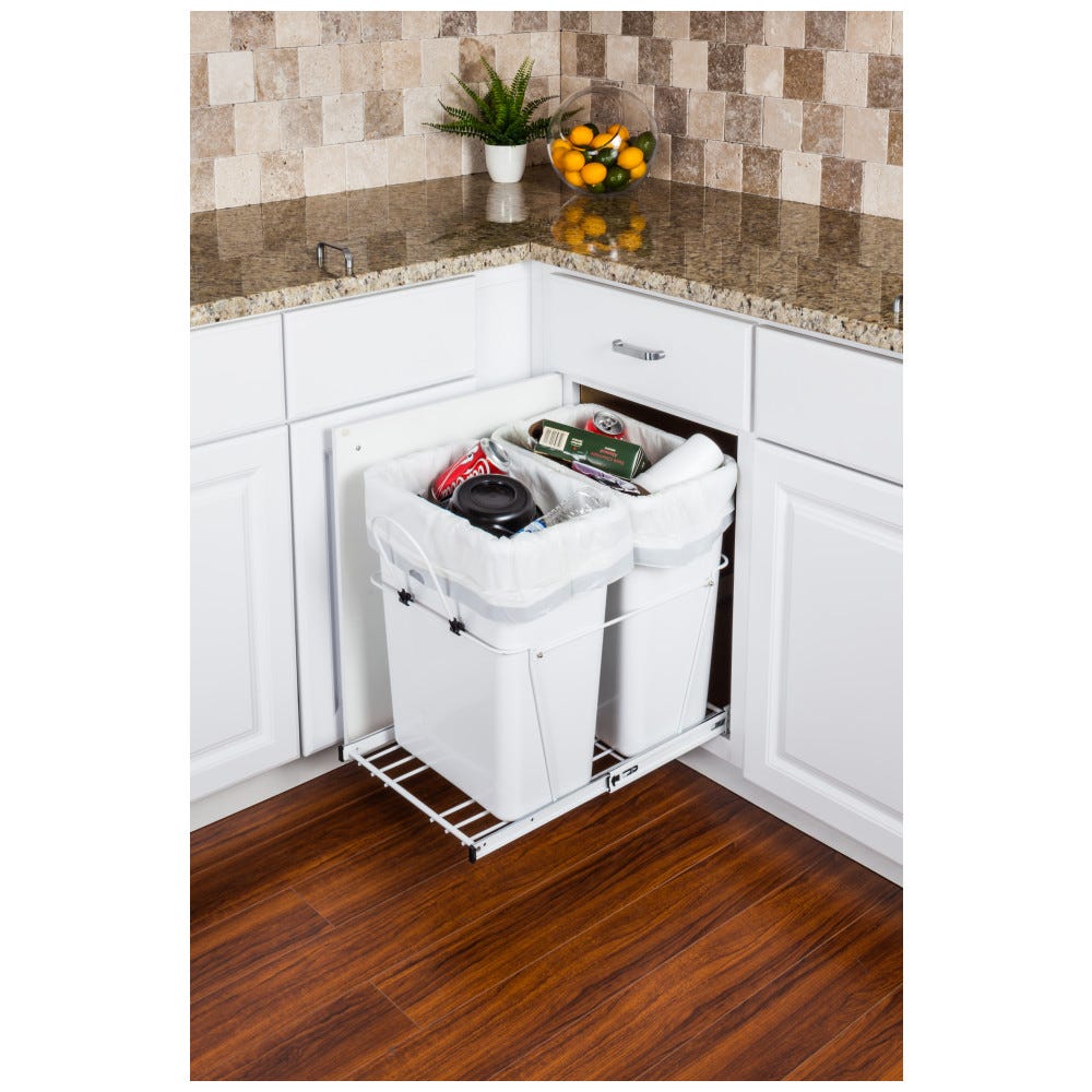 35 Quart Double Pullout Waste Container System in chrome wire finish, 15-3/16" wide and 22-1/16" deep, designed for efficient kitchen organization