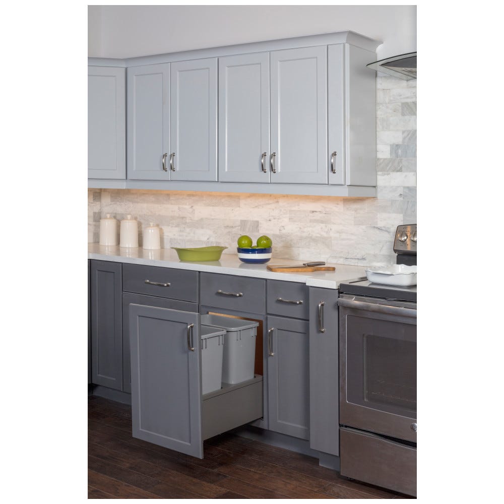 Double 35qt Metal Drawerbox Trashcan Pullout in grey finish for 15 inch opening, made of durable metal