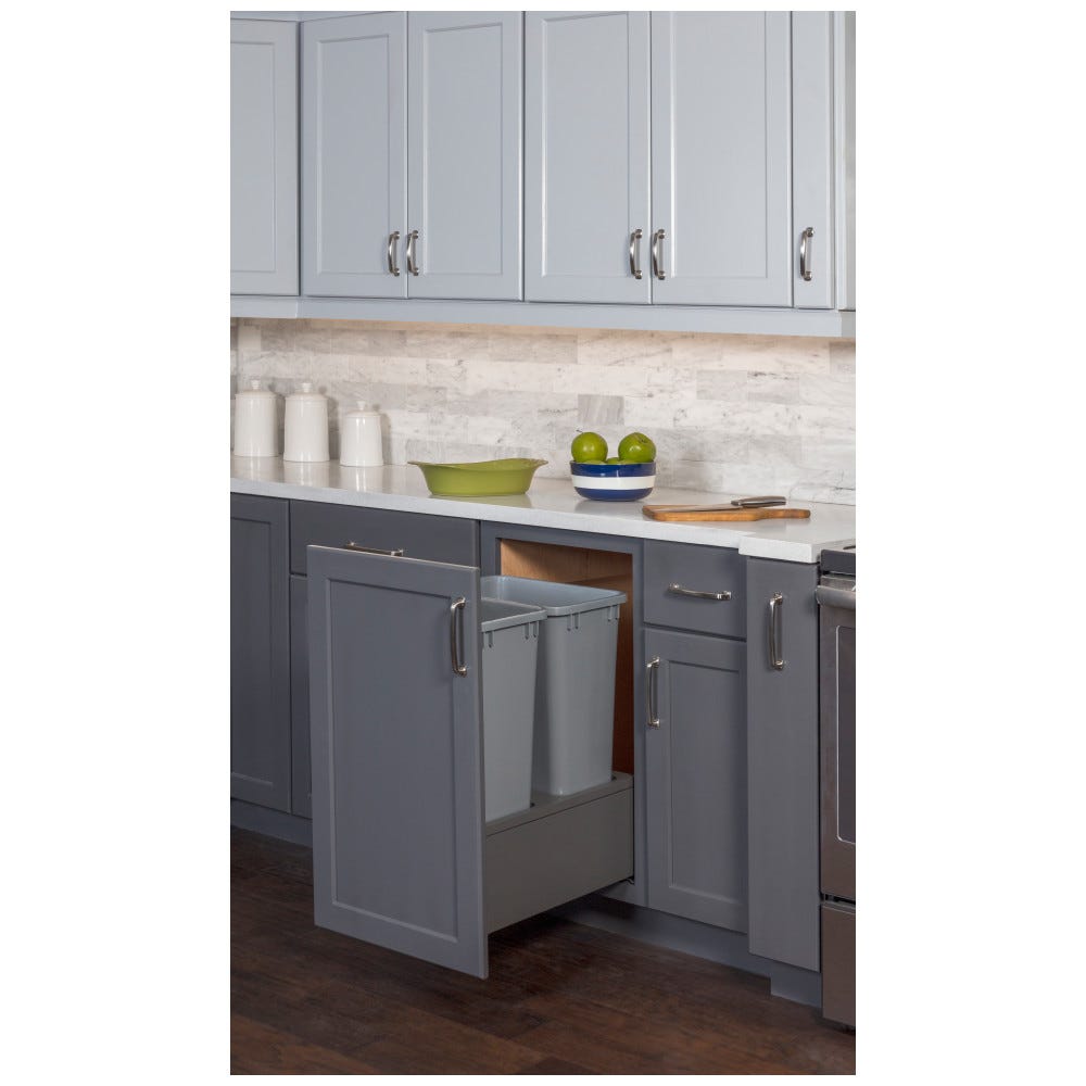 Double 50qt Metal Drawerbox Trashcan Pullout in grey finish for 15" opening, made of metal