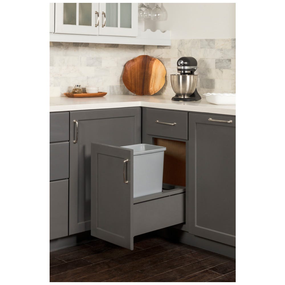 Single 35qt Metal Drawerbox Trashcan Pullout in grey finish, designed for 12 inch openings, made of durable metal.