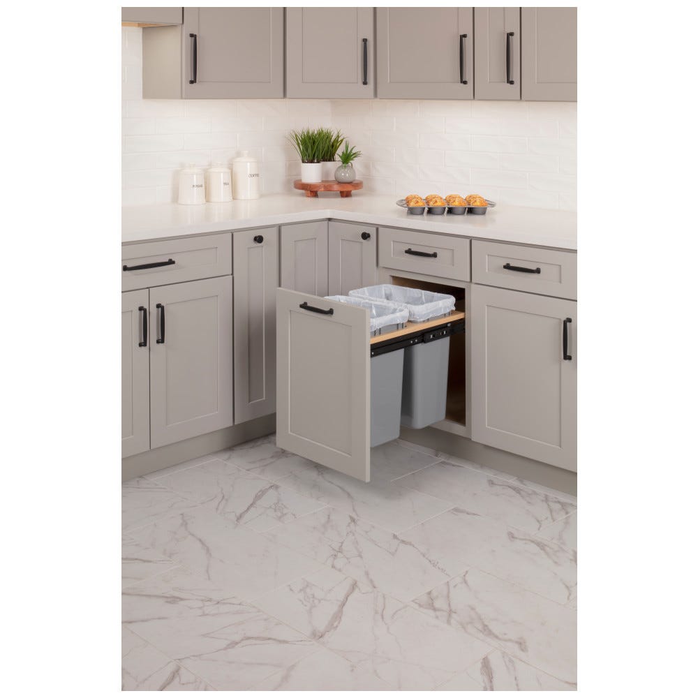 Top Mount Soft-Close Double Trash Can Unit in gray with 35 Qt capacity, designed for 15 inch openings, made from durable materials.