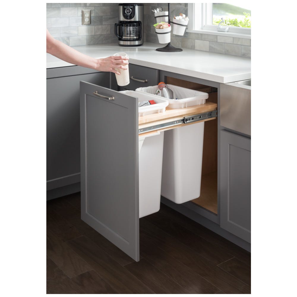 Top Mount Soft-Close Double Trash Can Unit - White 35 Qt Trashcans for 18" Opening, Hardware Resources