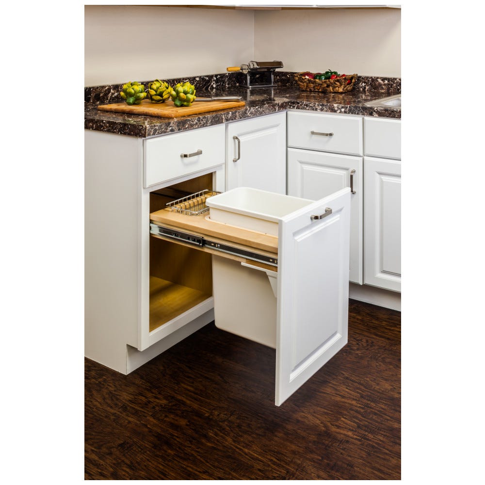 Top Mount Soft-Close Single Trash Can Unit - White 35 Qt Trashcan for 12" Opening - Hardware Resources