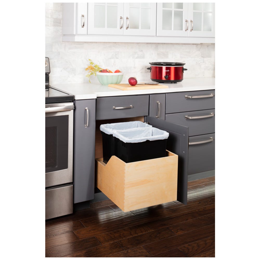18" Double 35qt Can Trash system in black finish, preassembled with Baltic Birch plywood construction