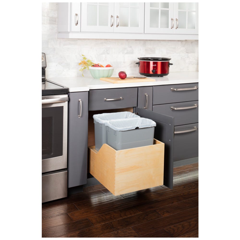 18" Double 35qt Can Trash System in Grey, Preassembled, 1/2" Baltic Birch Plywood, Organizers