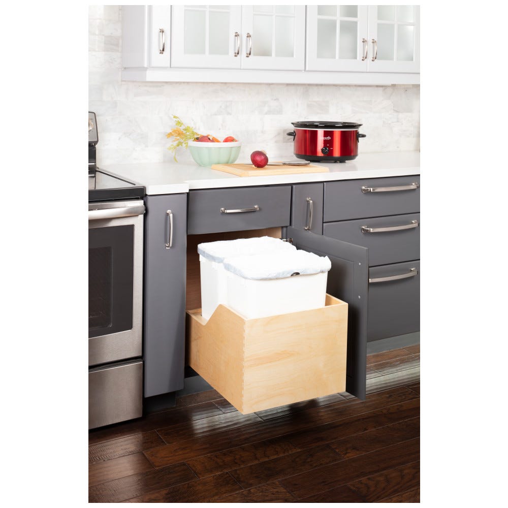 18" Double 35qt Can Trash in white finish, preassembled pullout waste container system made of 1/2" Baltic Birch plywood
