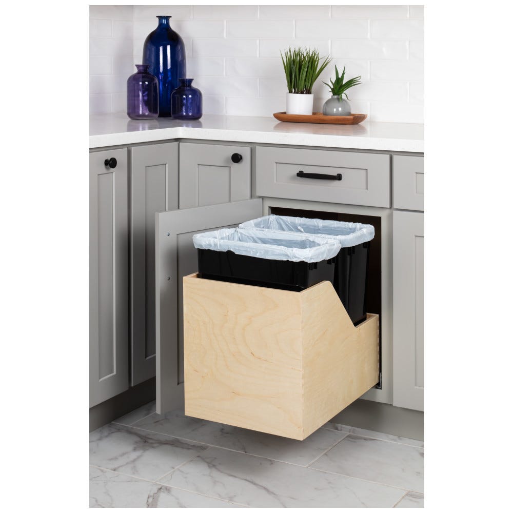 Double 35qt Can Trash Black Preassembled Waste Container System with Baltic Birch Plywood Construction