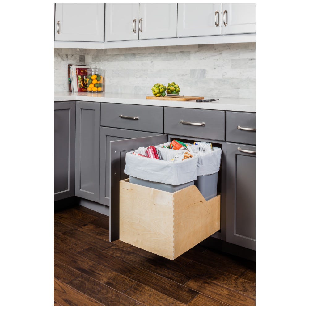 Grey Preassembled Double 35qt Can Trash, 35 Quart Waste Container System, Baltic Birch Plywood, Dovetail Construction