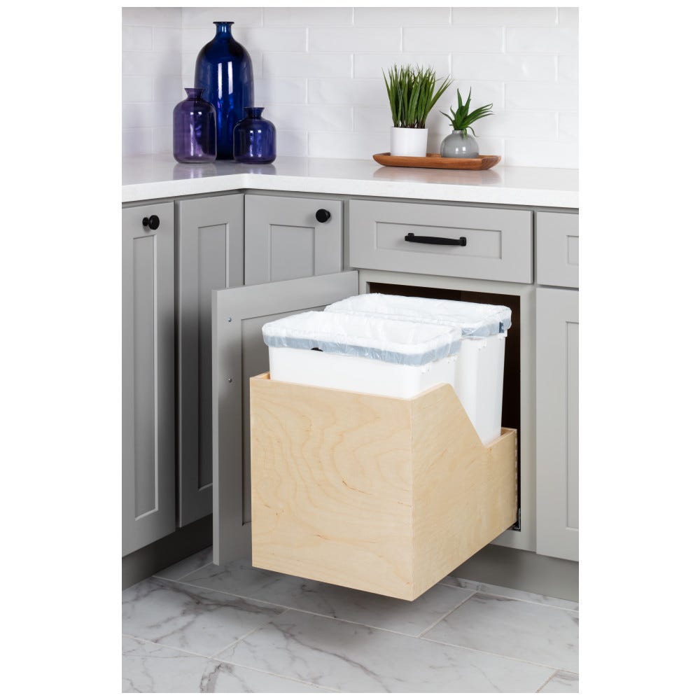 Double 35qt Can Trash in white finish, preassembled waste container system with Baltic Birch plywood construction