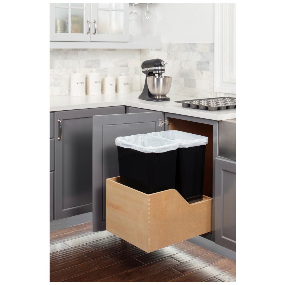18" Double 50qt Can Trash System in black finish, preassembled pullout waste container made from Baltic Birch plywood