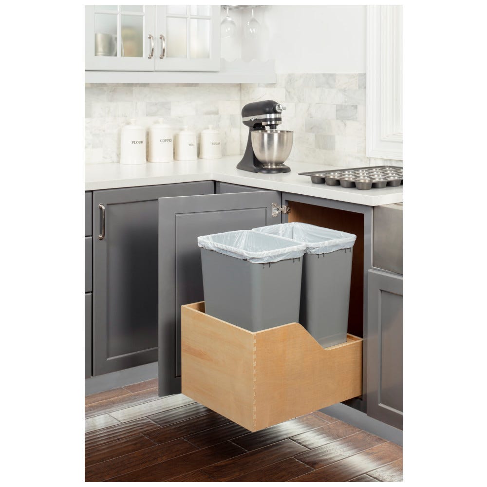 18" Double 50qt Pullout Waste Container System in Grey, Baltic Birch Plywood, 18" Wide