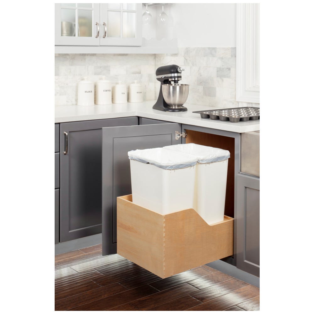 18" Double 50qt Can Trash System in White Finish, 18" Wide, Baltic Birch Plywood
