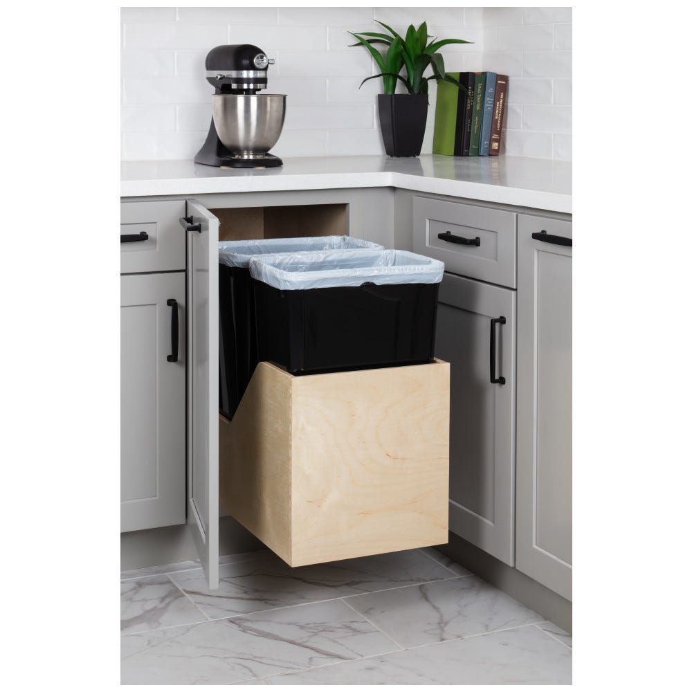 Double 50qt Can Trash Black Preassembled Waste Container System with Baltic Birch Plywood Dovetail Construction
