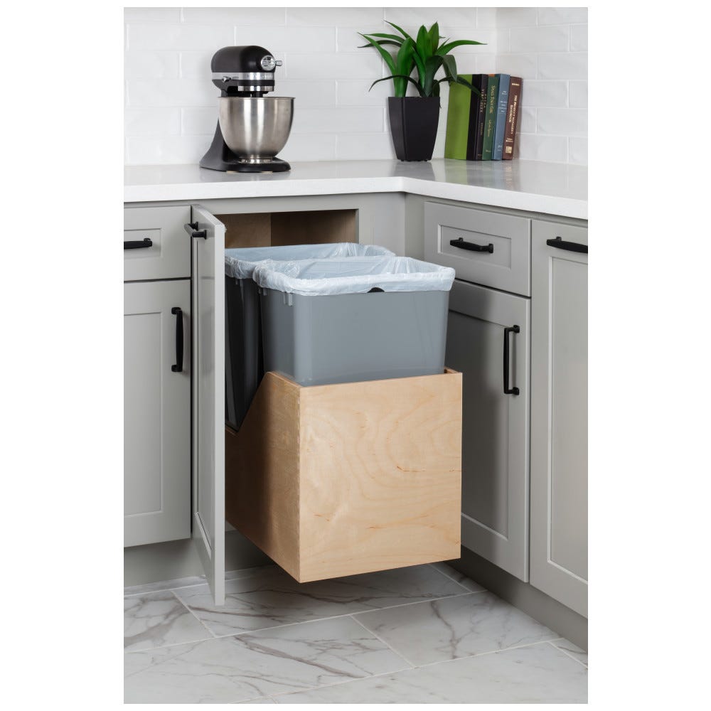 Double 50qt Can Trash System in Grey, Preassembled Waste Container System with Baltic Birch Plywood Construction