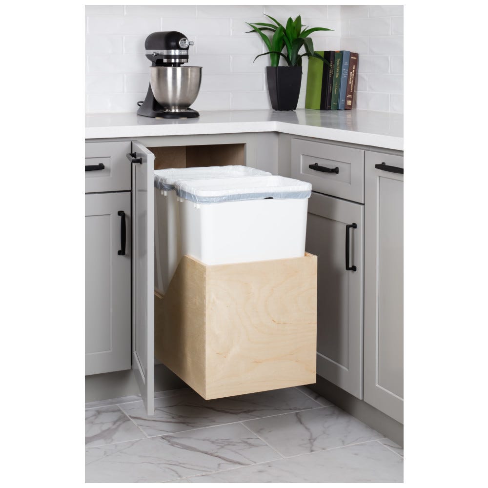 Double 50qt Can Trash in white finish, preassembled 50 Quart Double Pullout Waste Container System, Baltic Birch plywood construction